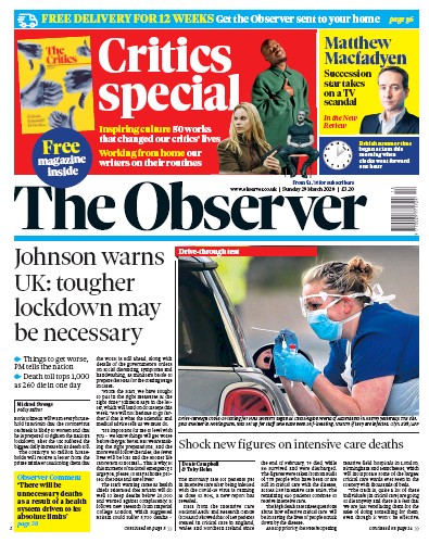The Observer Newspaper Front Page for 29 March 2020
