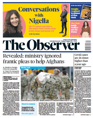 The Observer (UK) Newspaper Front Page for 29 August 2021