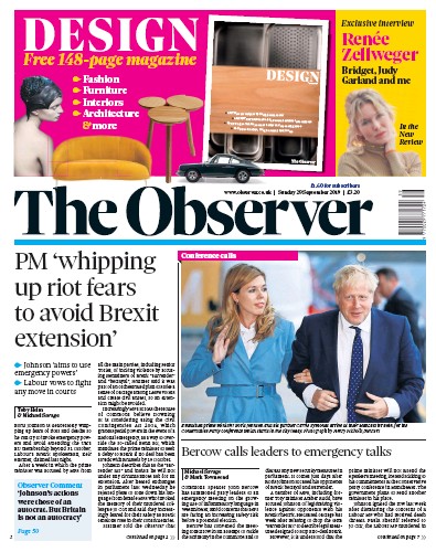 The Observer Newspaper Front Page for 29 September 2019