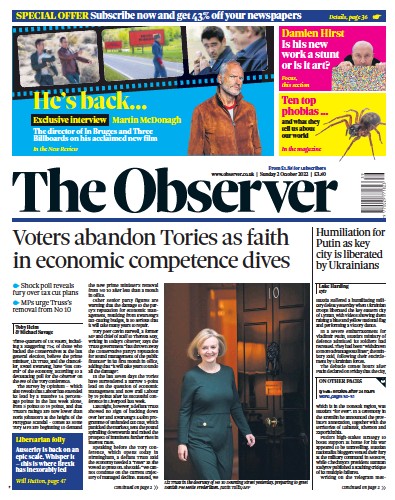 The Observer Newspaper Front Page for 2 October 2022