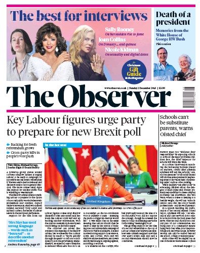 The Observer Newspaper Front Page for 2 December 2018