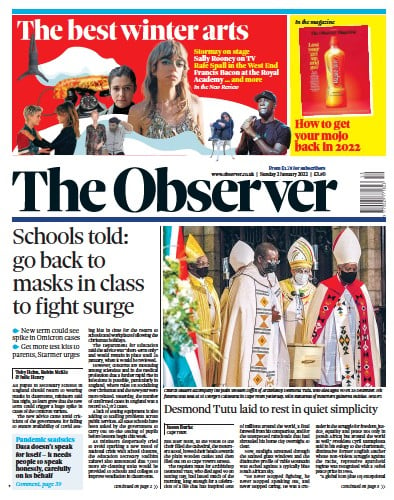 The Observer (UK) Newspaper Front Page for 2 January 2022