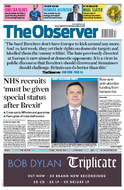 The Observer (UK) Newspaper Front Page for 2 April 2017