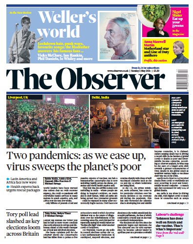 The Observer (UK) Newspaper Front Page for 2 May 2021