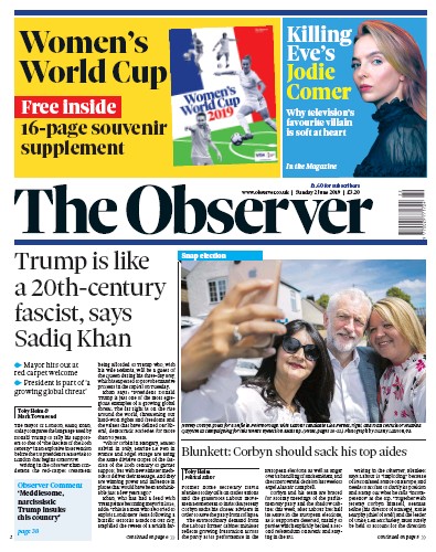 The Observer Newspaper Front Page for 2 June 2019
