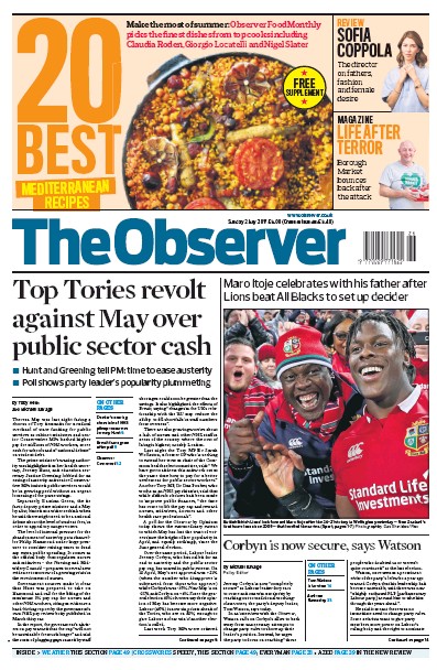 The Observer Newspaper Front Page for 2 July 2017