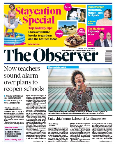 The Observer Newspaper Front Page for 2 August 2020