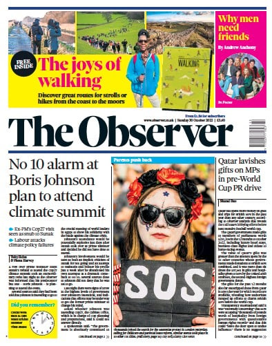 The Observer (UK) Newspaper Front Page for 30 October 2022