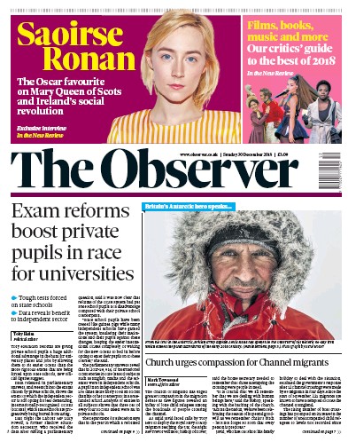 The Observer (UK) Newspaper Front Page for 30 December 2018