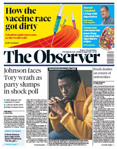 The Observer Newspaper Front Page for 30 August 2020