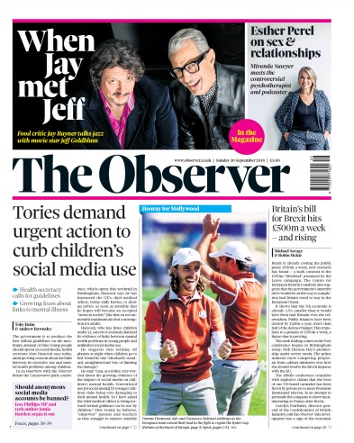 The Observer (UK) Newspaper Front Page for 30 September 2018