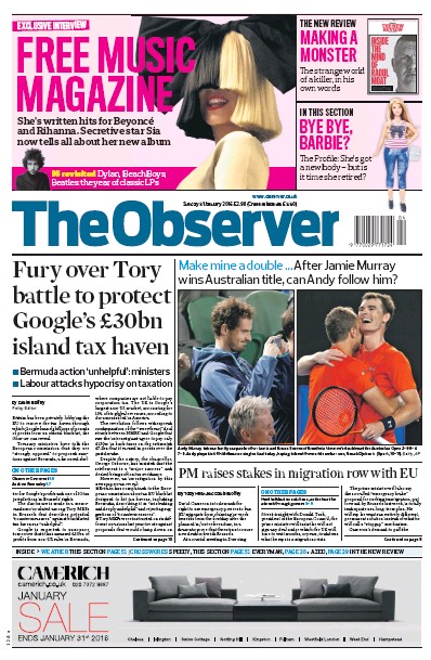 The Observer Newspaper Front Page for 31 January 2016