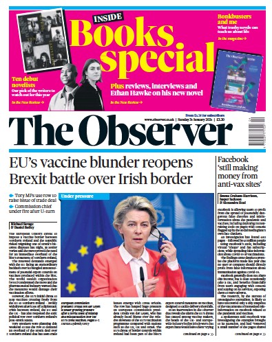 The Observer (UK) Newspaper Front Page for 31 January 2021