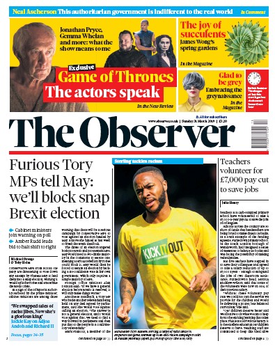 The Observer Newspaper Front Page for 31 March 2019