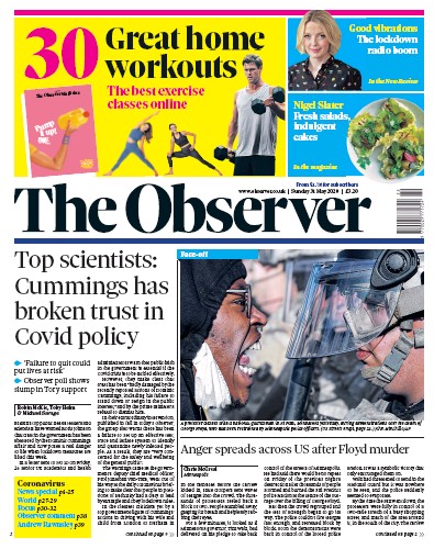 The Observer (UK) Newspaper Front Page for 31 May 2020