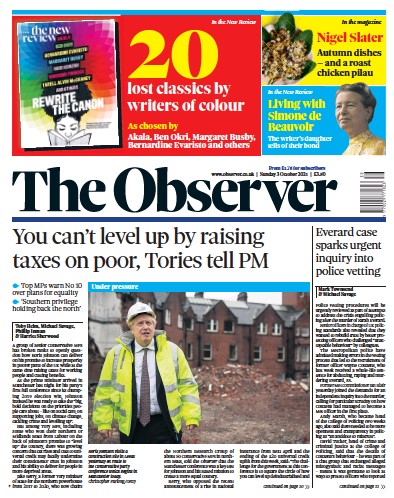 The Observer (UK) Newspaper Front Page for 3 October 2021
