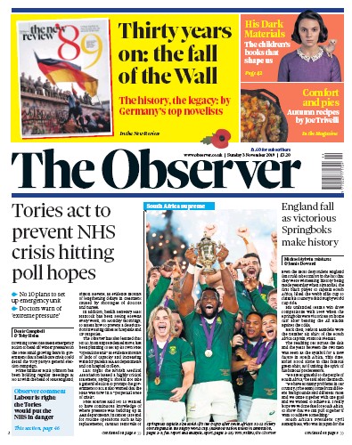 The Observer Newspaper Front Page for 3 November 2019