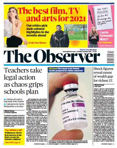 The Observer (UK) Newspaper Front Page for 3 January 2021