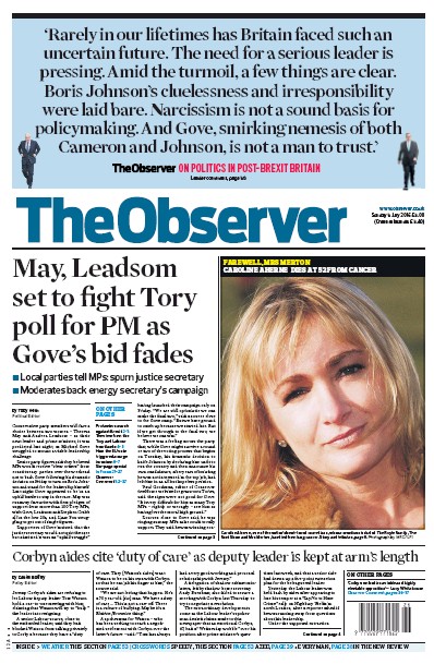 The Observer Newspaper Front Page for 3 July 2016
