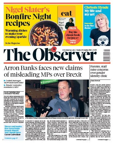 The Observer Newspaper Front Page for 4 November 2018