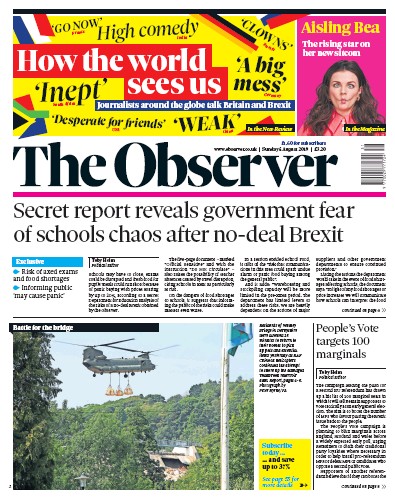 The Observer Newspaper Front Page for 4 August 2019