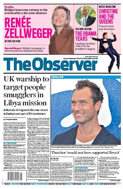 The Observer Newspaper Front Page for 4 September 2016
