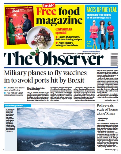 The Observer (UK) Newspaper Front Page for 6 December 2020