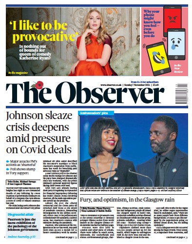The Observer (UK) Newspaper Front Page for 7 November 2021
