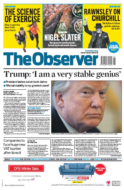 The Observer (UK) Newspaper Front Page for 7 January 2018