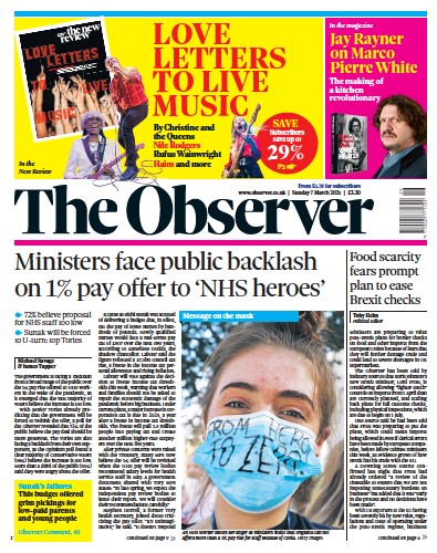 The Observer (UK) Newspaper Front Page for 7 March 2021