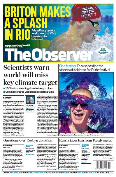 The Observer Newspaper Front Page for 7 August 2016