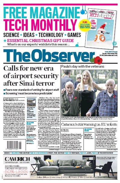 The Observer Newspaper Front Page for 8 November 2015