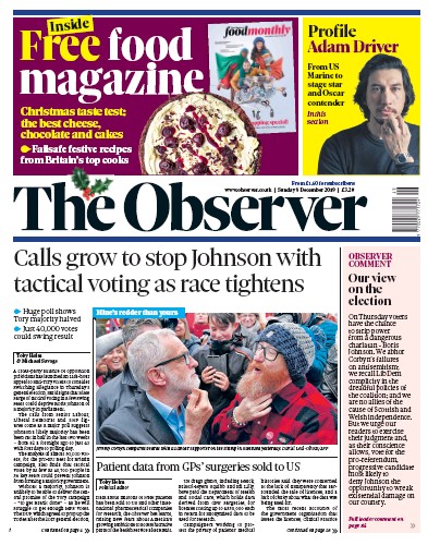The Observer (UK) Newspaper Front Page for 8 December 2019