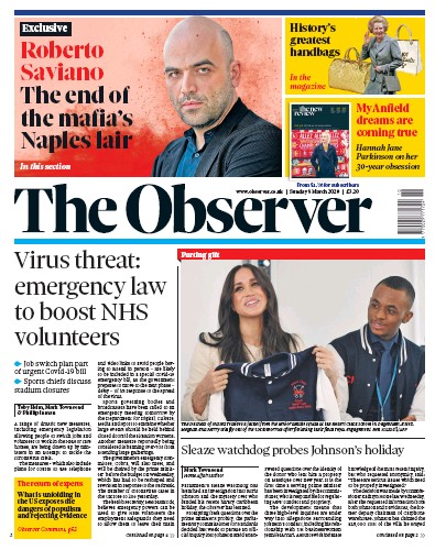 The Observer Newspaper Front Page for 8 March 2020