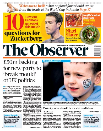 The Observer Newspaper Front Page for 8 April 2018
