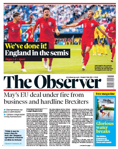 The Observer Newspaper Front Page for 8 July 2018