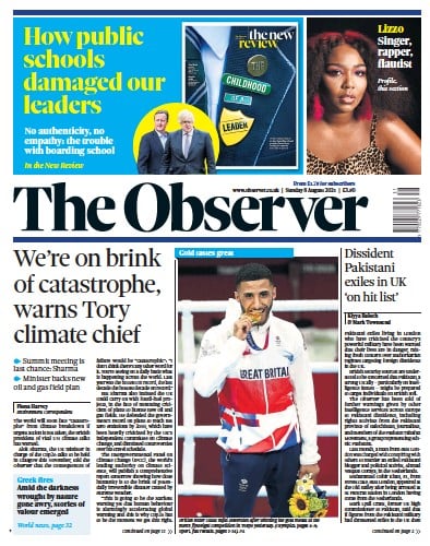 The Observer (UK) Newspaper Front Page for 8 August 2021