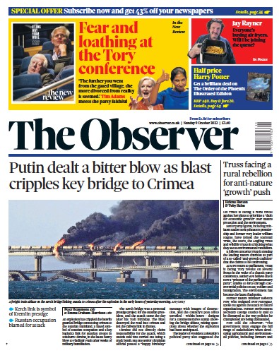 The Observer (UK) Newspaper Front Page for 9 October 2022