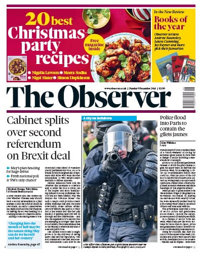 The Observer (UK) Newspaper Front Page for 9 December 2018