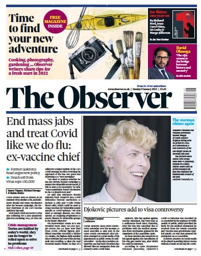 The Observer (UK) Newspaper Front Page for 9 January 2022