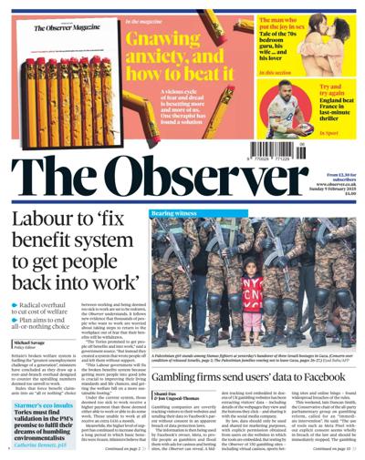 The Observer (UK) Newspaper Front Page for 9 February 2025
