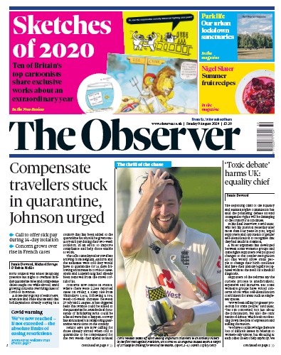 The Observer (UK) Newspaper Front Page for 9 August 2020