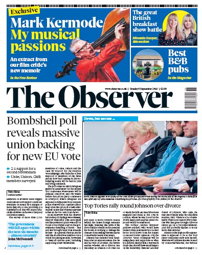 The Observer (UK) Newspaper Front Page for 9 September 2018