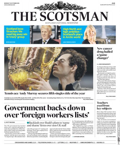 The Scotsman Newspaper Front Page for 10 October 2016