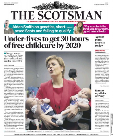 The Scotsman (UK) Newspaper Front Page for 10 October 2017