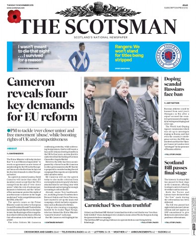 The Scotsman Newspaper Front Page for 10 November 2015
