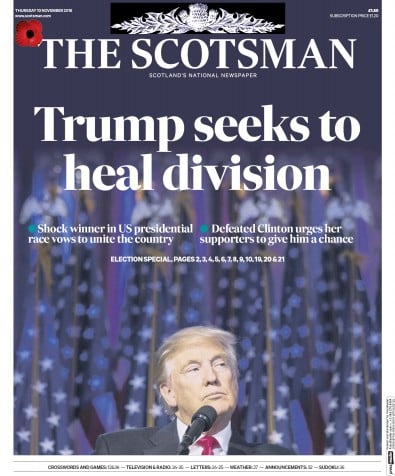 The Scotsman Newspaper Front Page for 10 November 2016