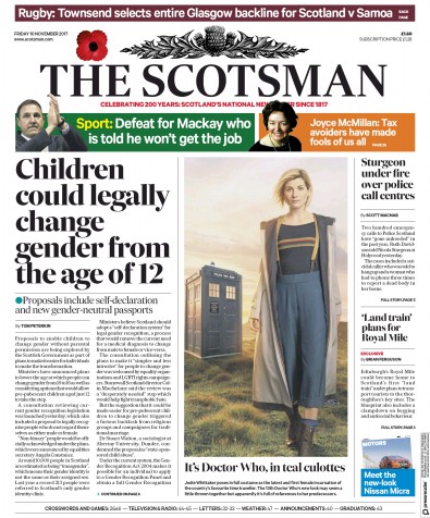 The Scotsman Newspaper Front Page for 10 November 2017