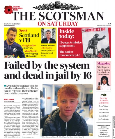 The Scotsman Newspaper Front Page for 10 November 2018