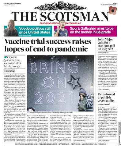 The Scotsman Newspaper Front Page for 10 November 2020